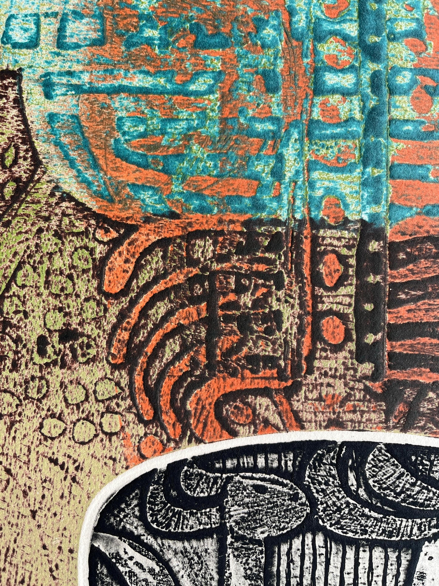 Close-up of primitive marks and horses, a colour etching by Indian artist Bose.