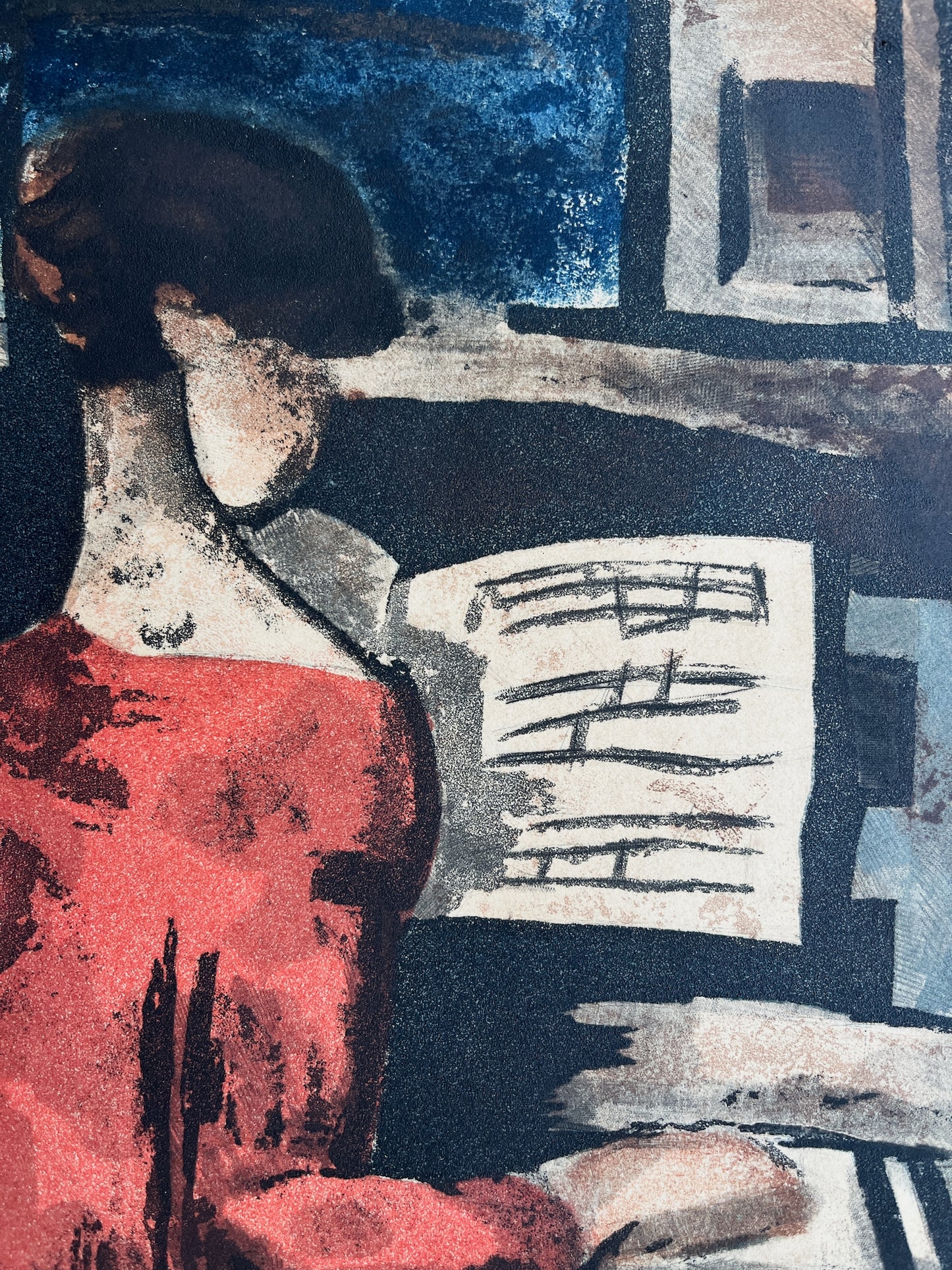 Close-up of a woman playing piano, in an aquatint by printmaker Jacques Villon.