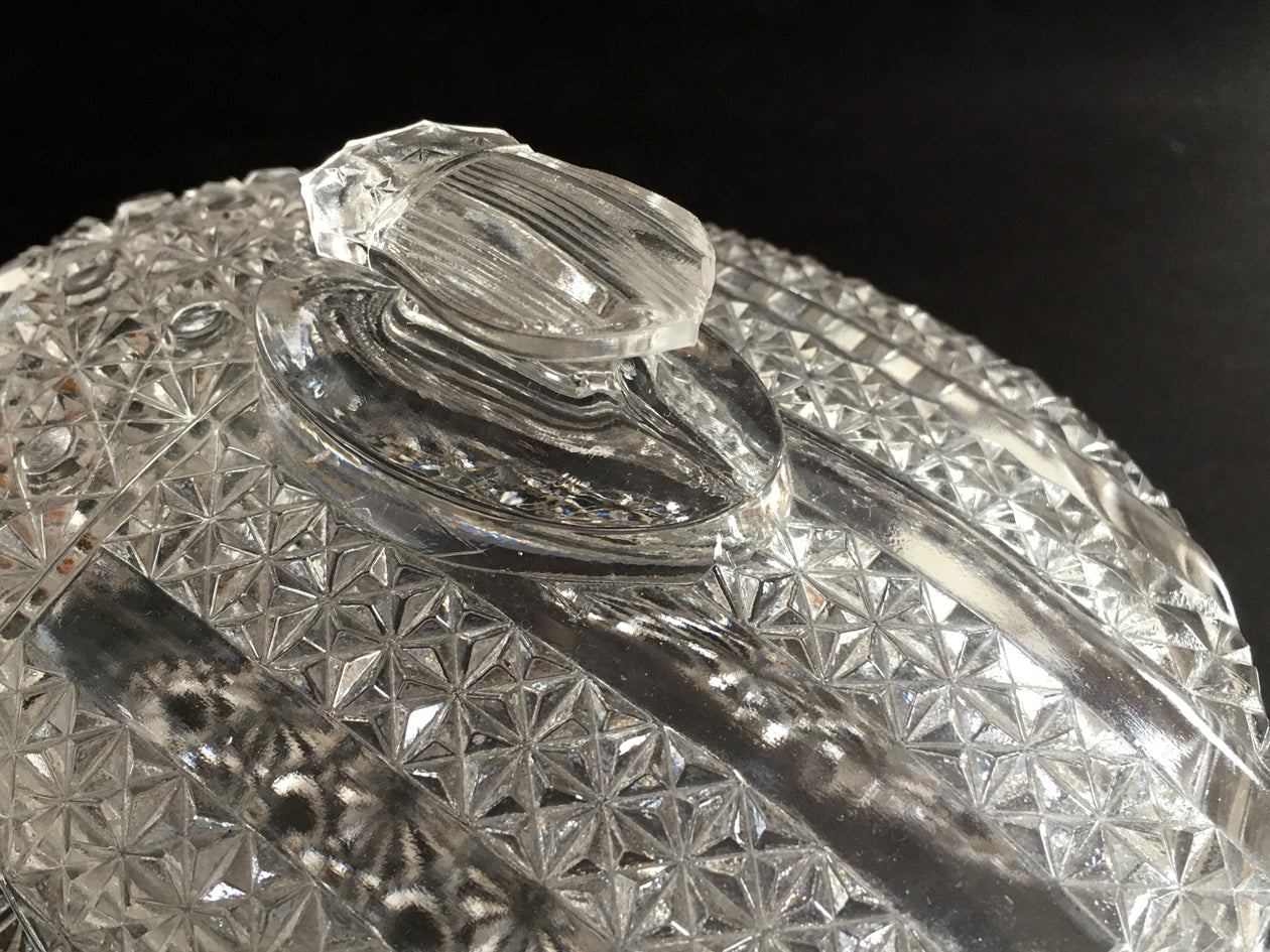 Detail of Banner pattern pressed glass butter dish with lid.