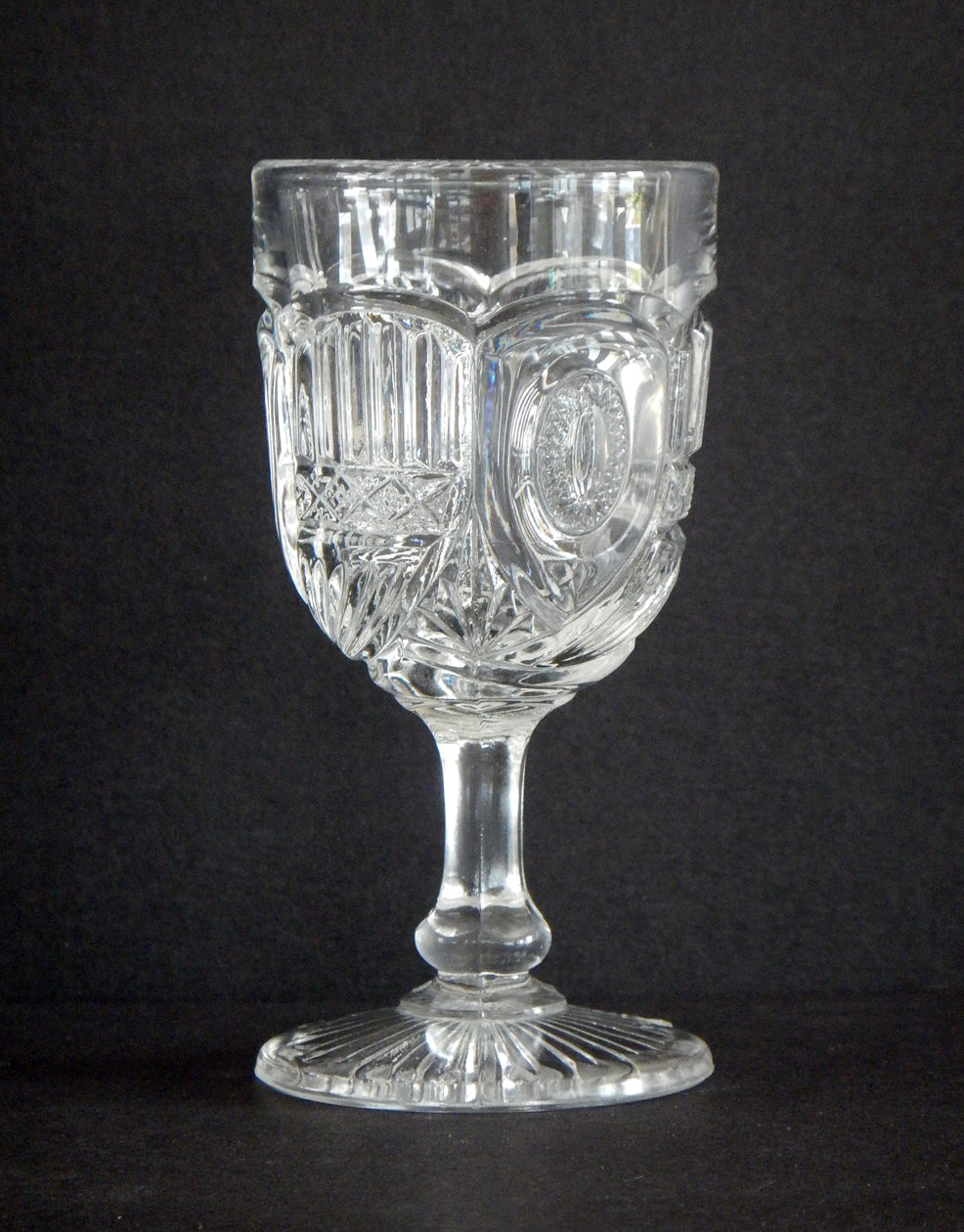 Close-up of a glass details on a Liberty pattern cordial.