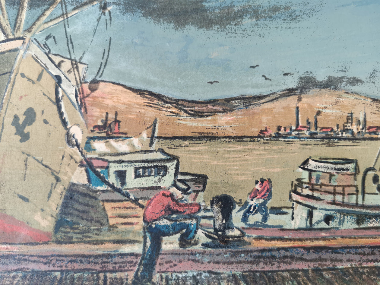 Close-up of a screen print by Hopf, showing a man tying a boat to the dock.