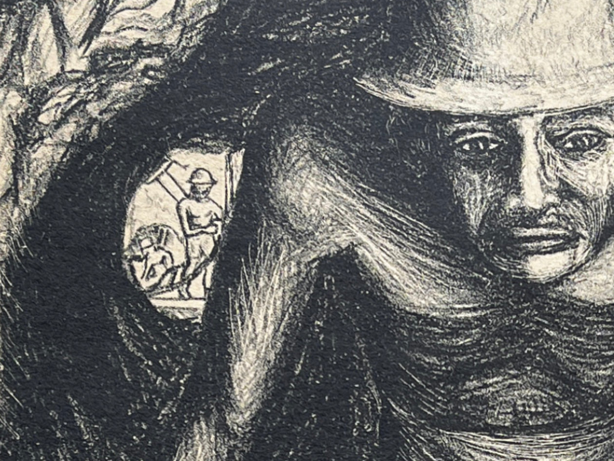 Close-up on a lithograph by Francisco Mora, of Mexican miners in a tunnel underground.