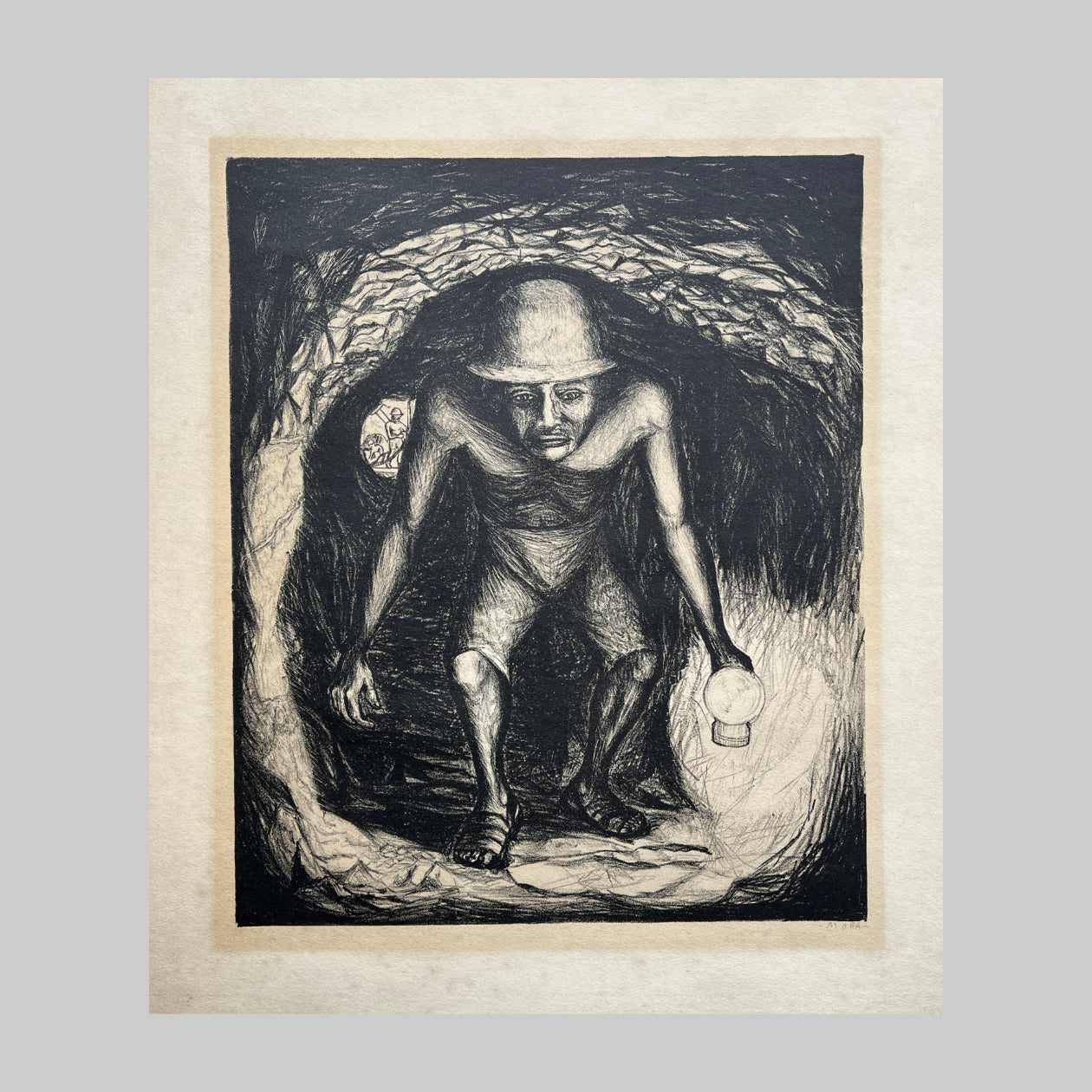 Lithograph on paper by Francisco Mora, of a Silver Mine Worker and lantern underground.