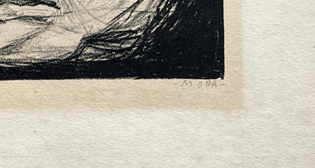 Close-up, of Francisco Mora, Mexican, artist signature, on an lithograph from 1946.