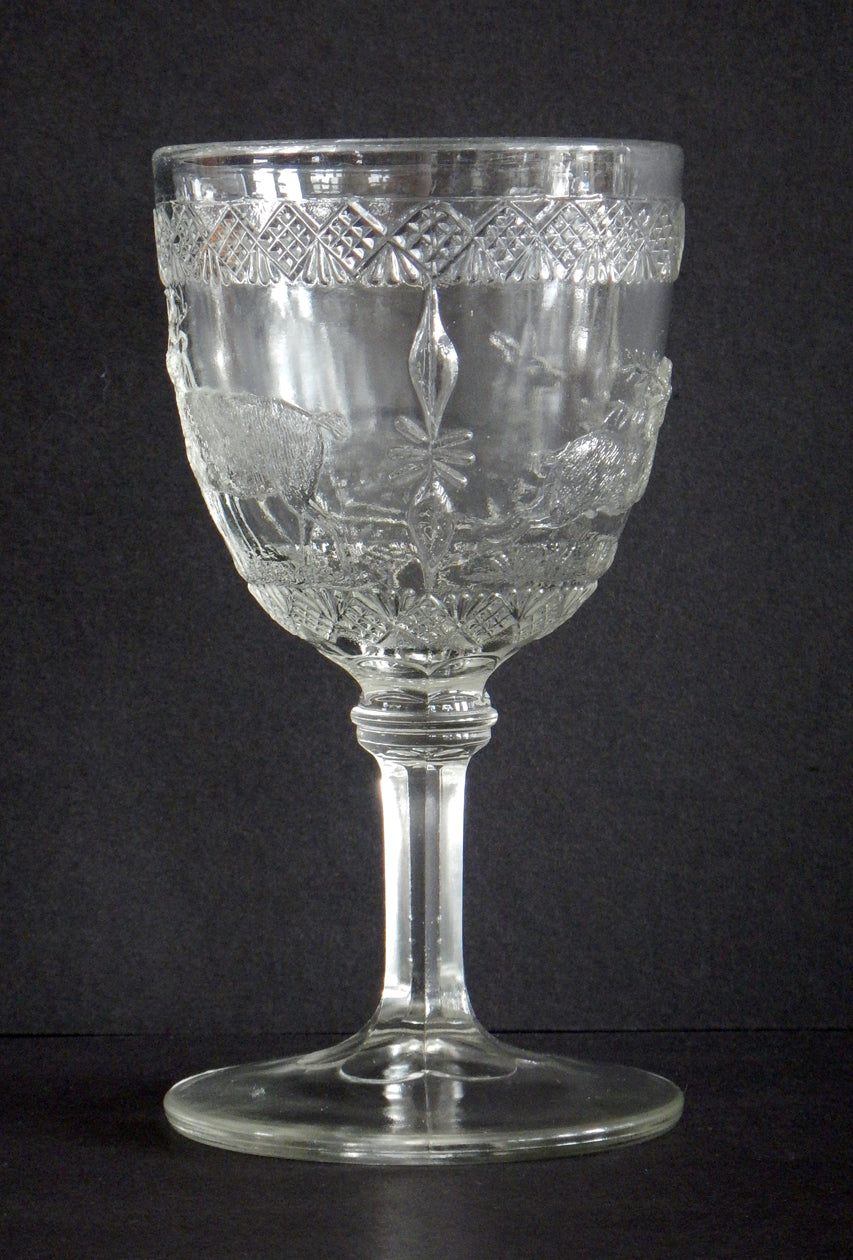 Close-up of fine details on an Elk and Doe pattern goblet.