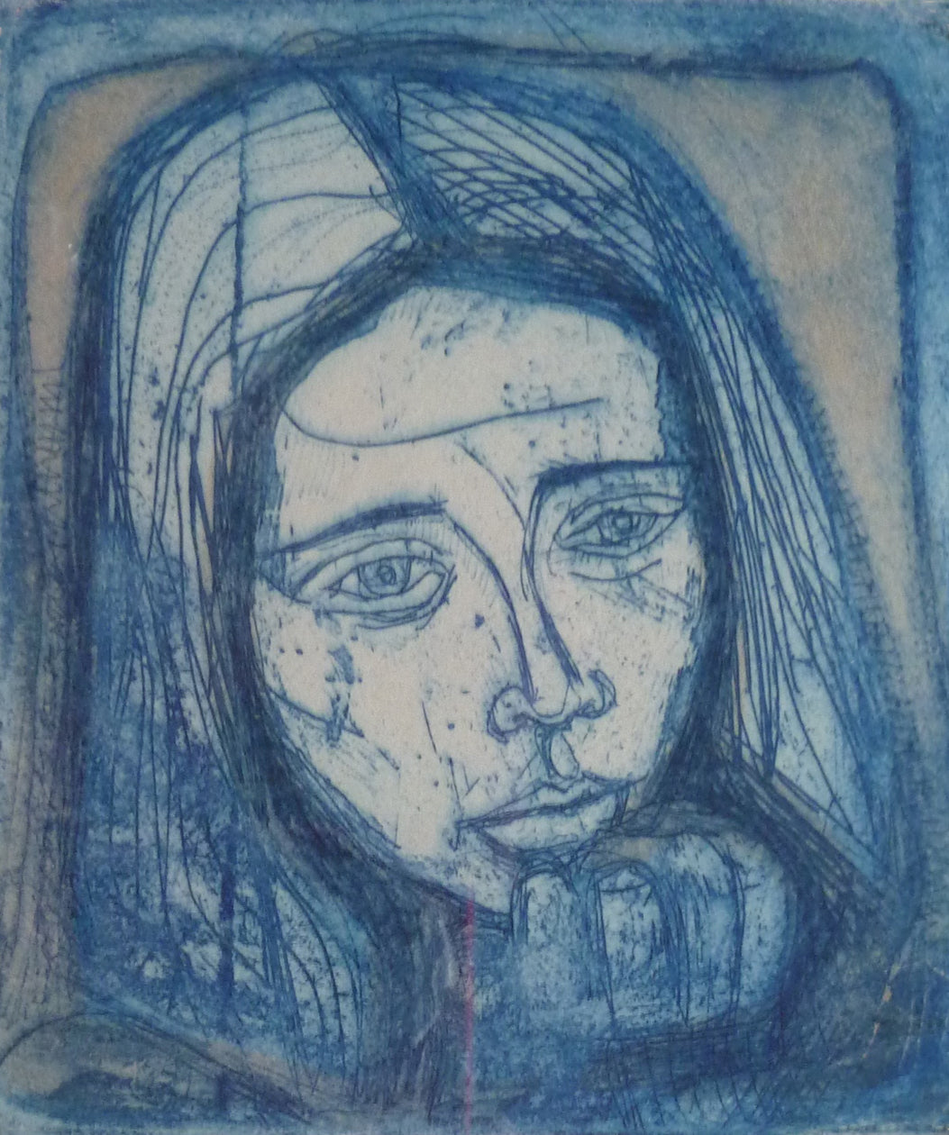 Close-up of a portrait of a girl in a blue ink, in an etching on by artist Irving Amen.
