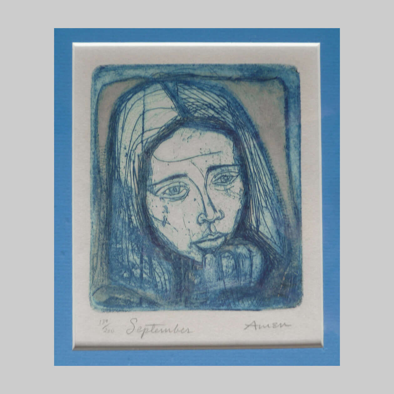 Blue coloured etching on paper by artist Irving Amen, portrait of a young girl thinking.