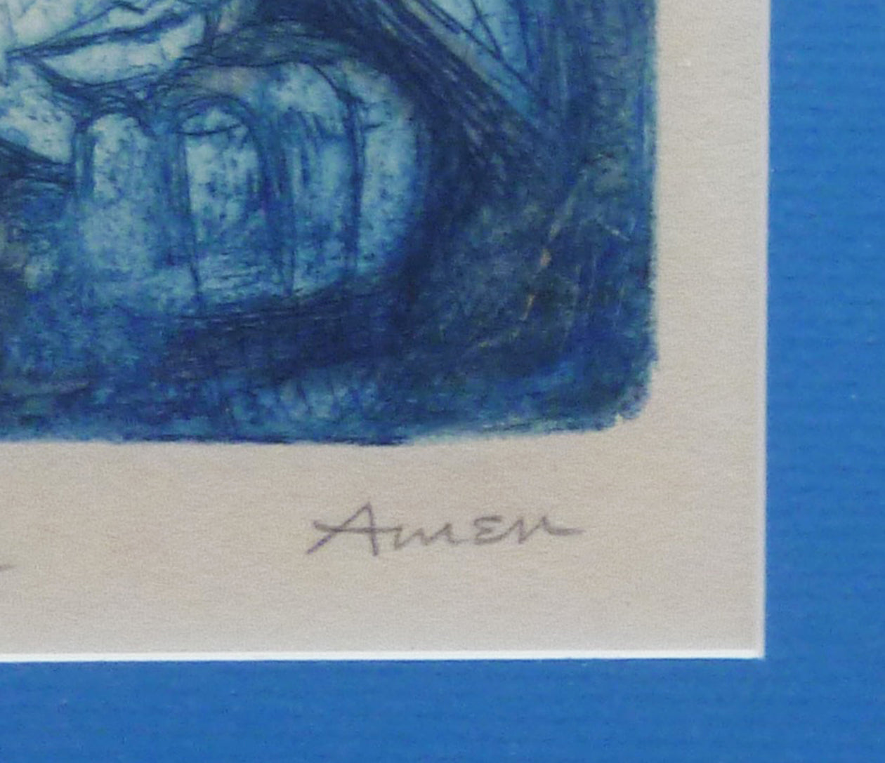 Close-up, of Irving Amen signature in pencil, on his etching named September.