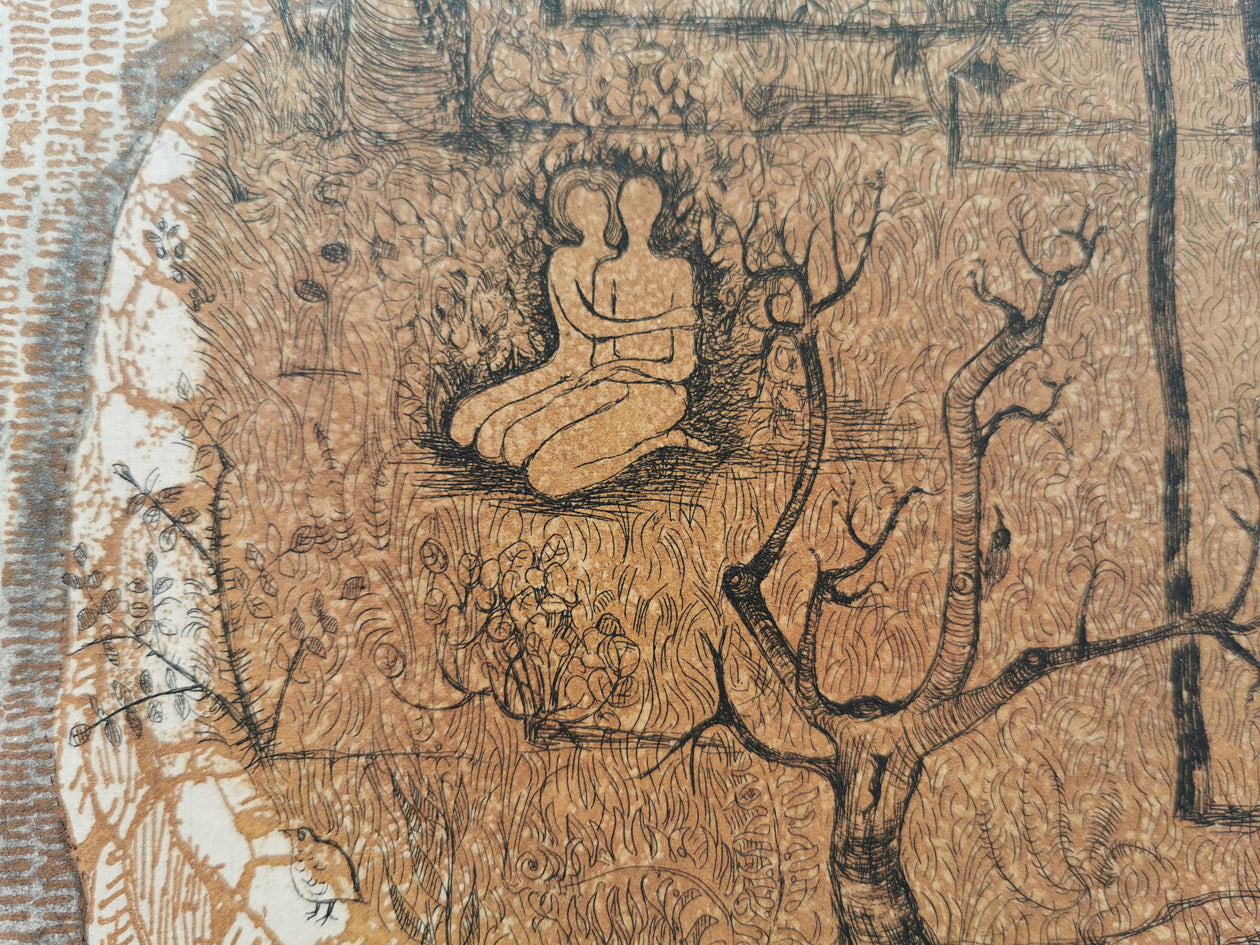 Close-up of Adam and Eve, in an etching by Danish printmaker Lars Bo.