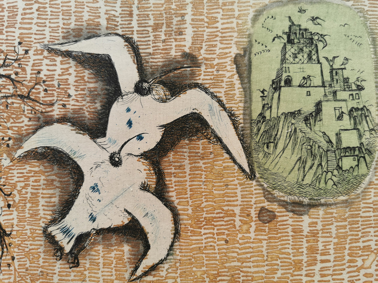 Close-up of bird like character and castle, in an etching by printmaker Lars Bo.