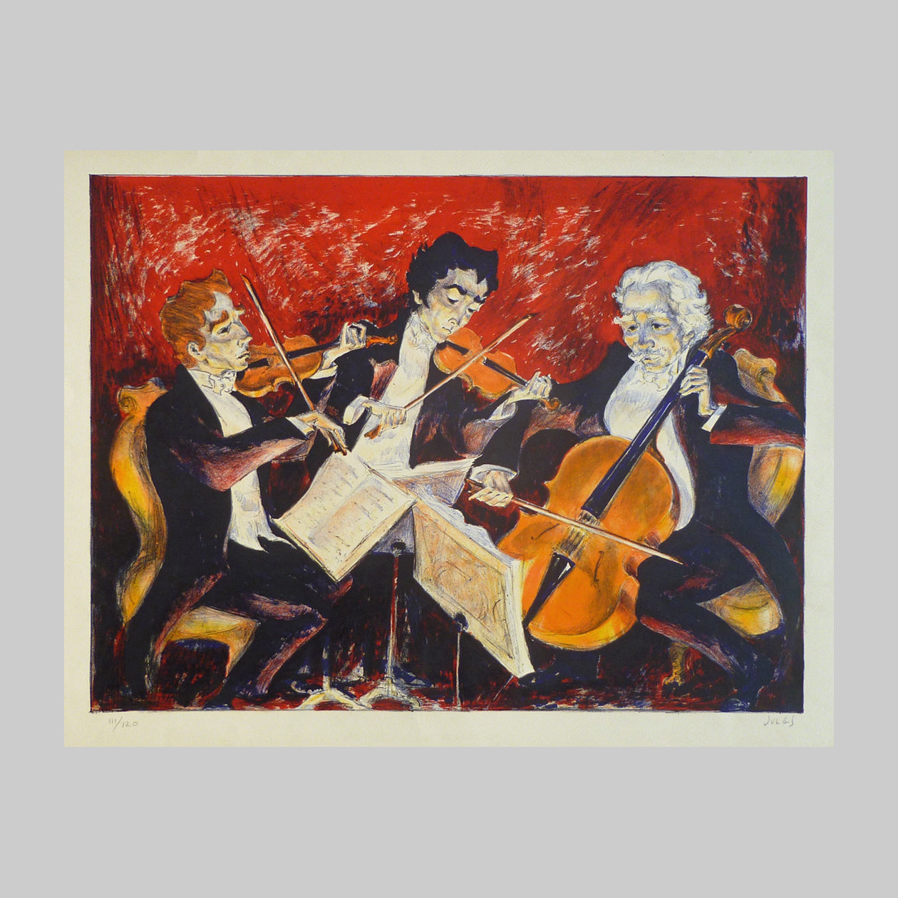 Vibrant colour lithograph on paper by Mervin Jules of musicians.
