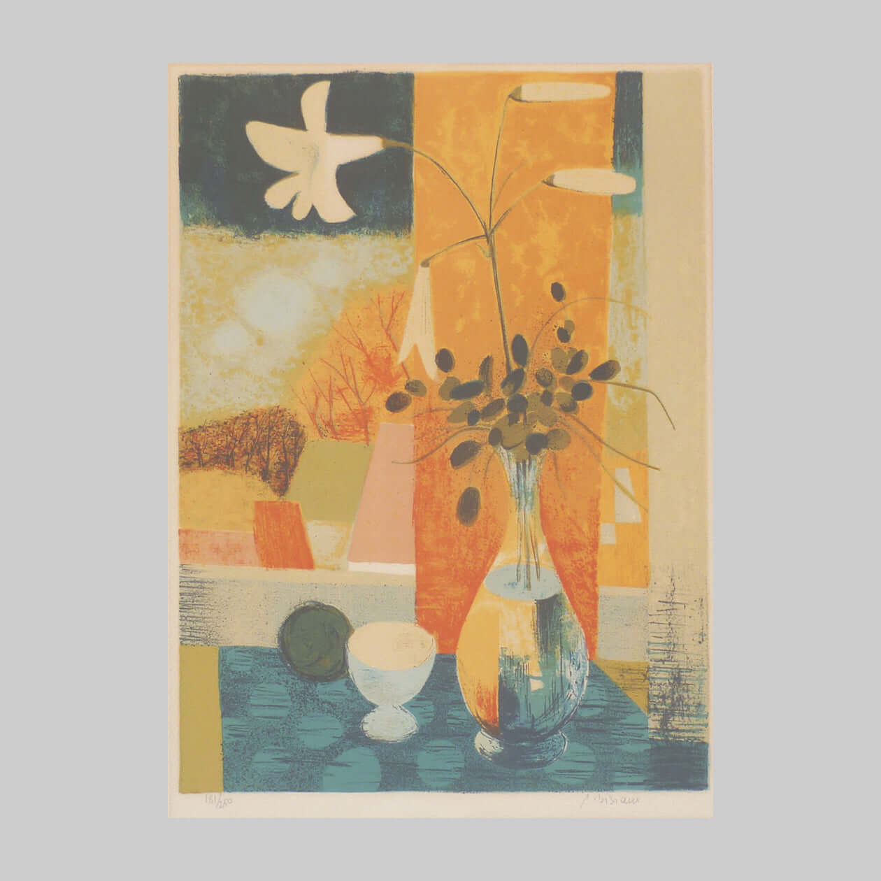 Colourful lithograph on paper by Pierre Bisiaux of a vase and flowers.