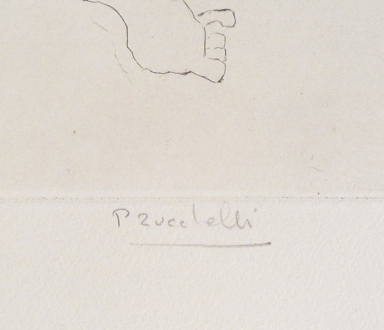Close-up, artist signature of Pierre Zucchelli in pencil on a drypoint etching.