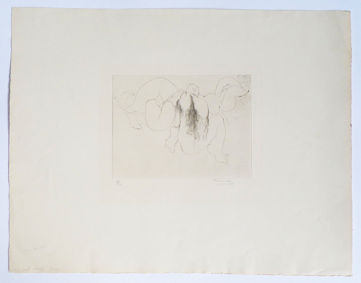 Whole paper showing, of a drypoint etching printed by artist Zucchelli.