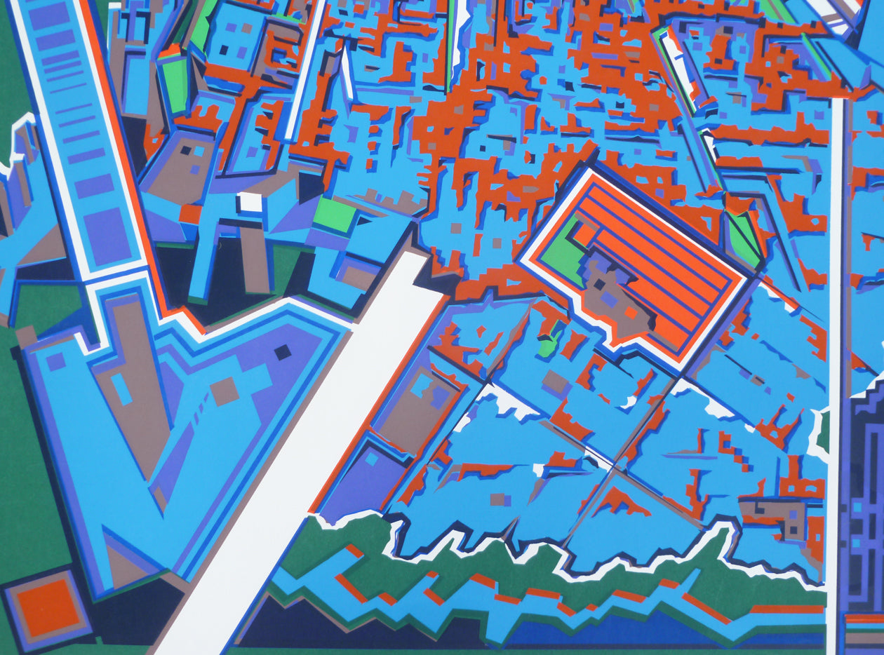 Close-up of green, blue, red sections of a silkscreen by Risaburo Kimura.