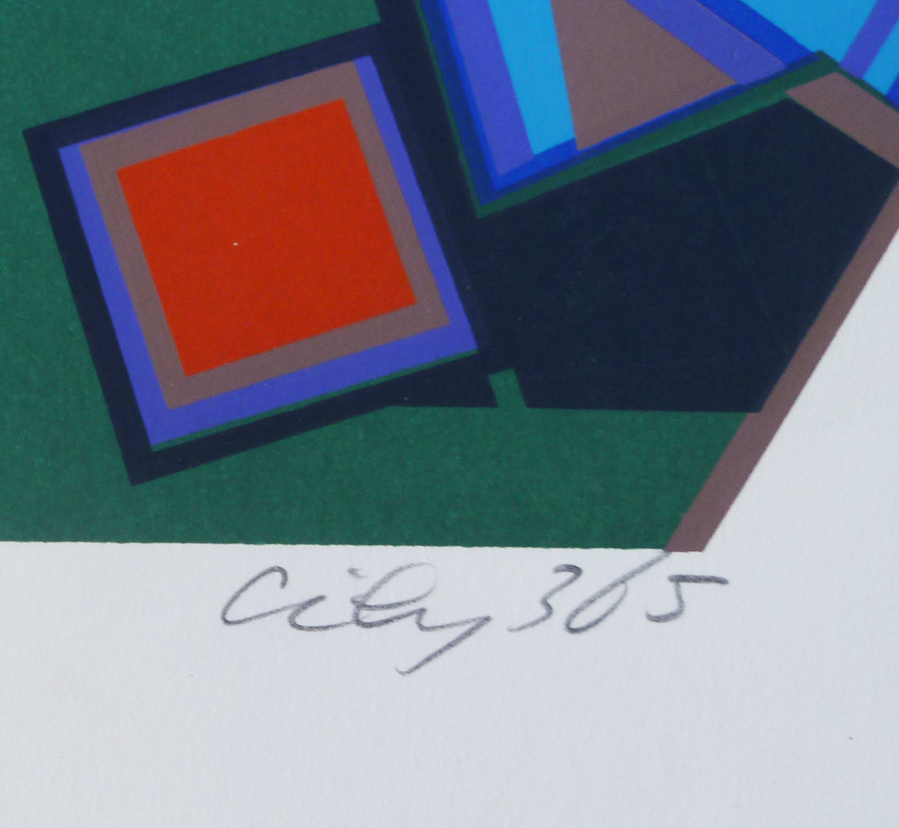 Close-up, of title City 365 in pencil, on a Risaburo Kimura silkscreen print.