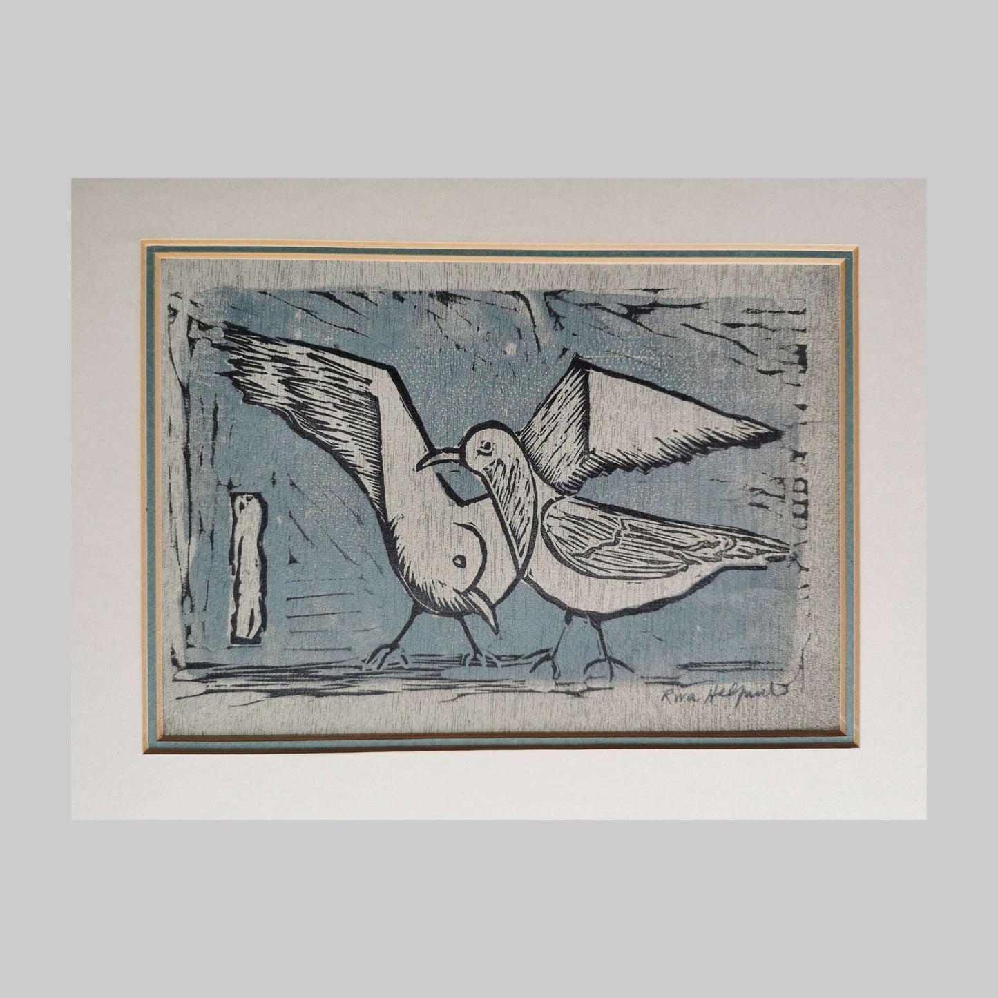 Blue woodcut on paper by Riva Helfond of two gulls in blue.