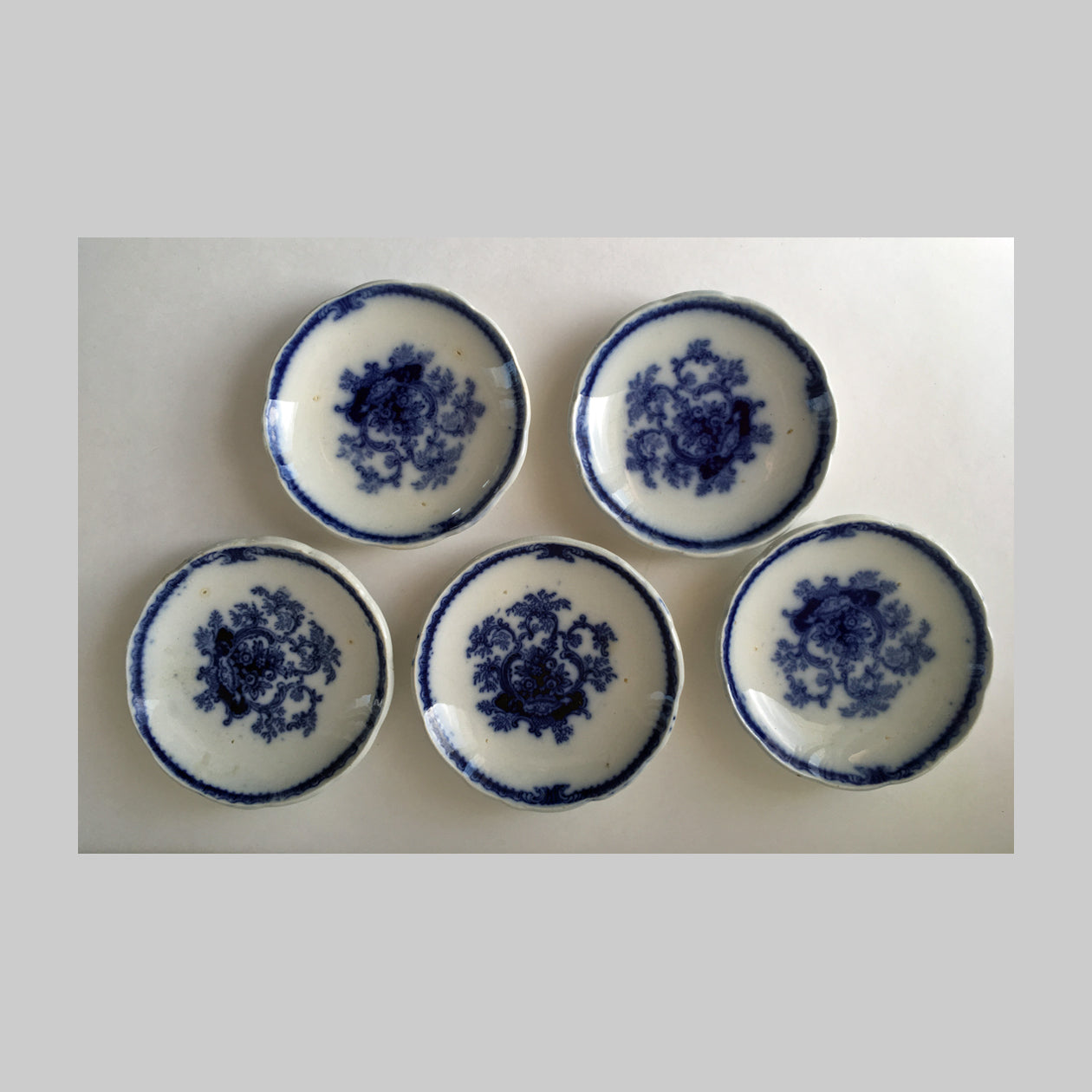 5 Flow Blue Cauldon Butter Pats 1800's main image