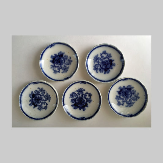 5 Flow Blue Cauldon Butter Pats 1800's main image