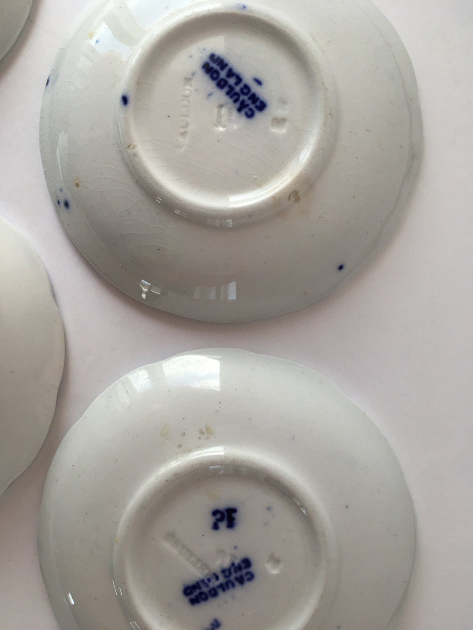 5 Flow Blue Cauldon Butter Pats 1800's 2 stamps image