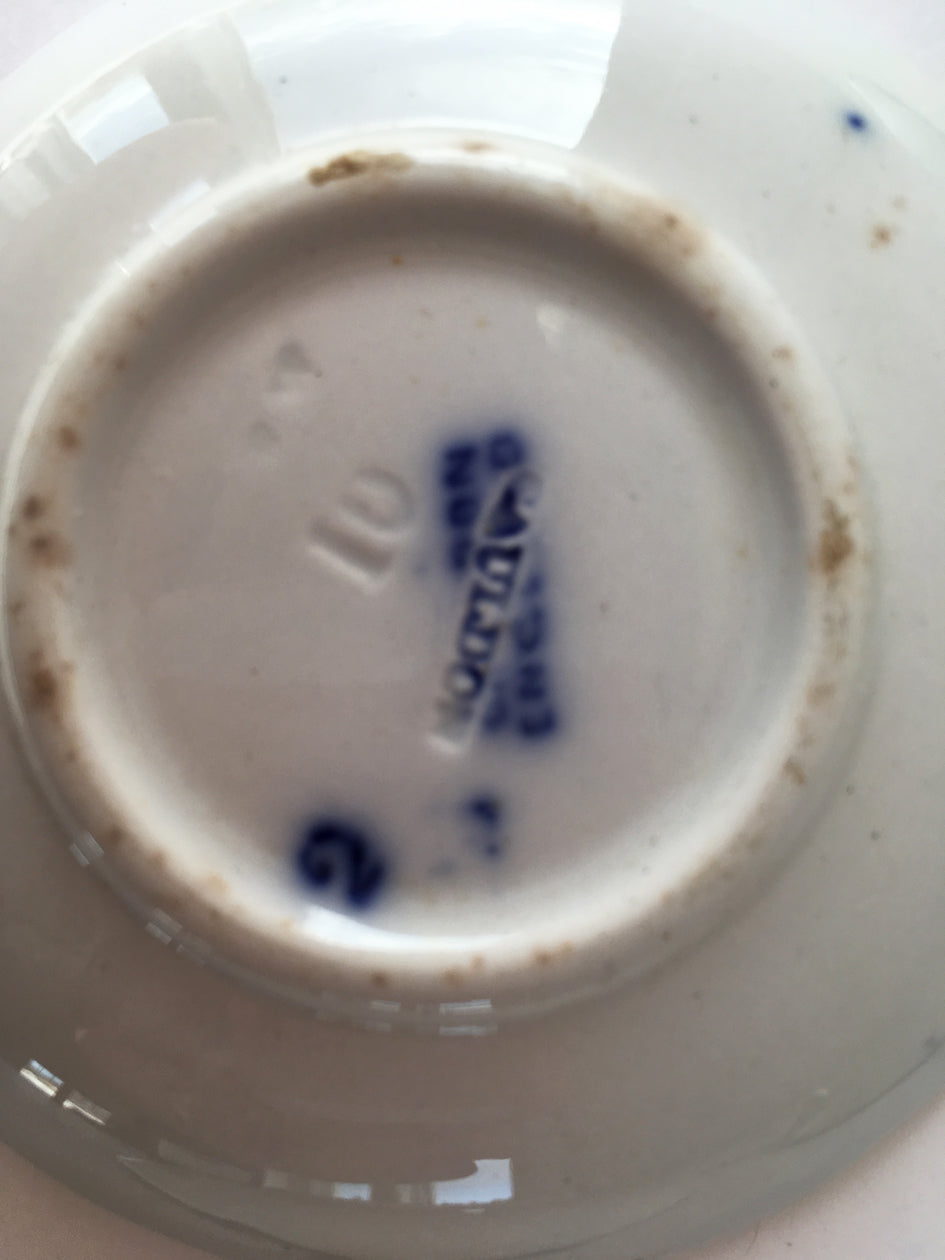 5 Flow Blue Cauldon Butter Pats 1800's close up stamp image