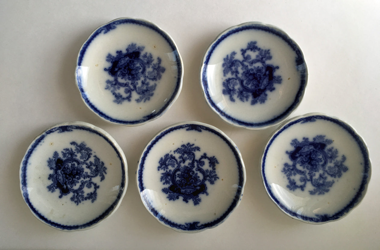 5 Flow Blue Cauldon Butter Pats 1800's full image