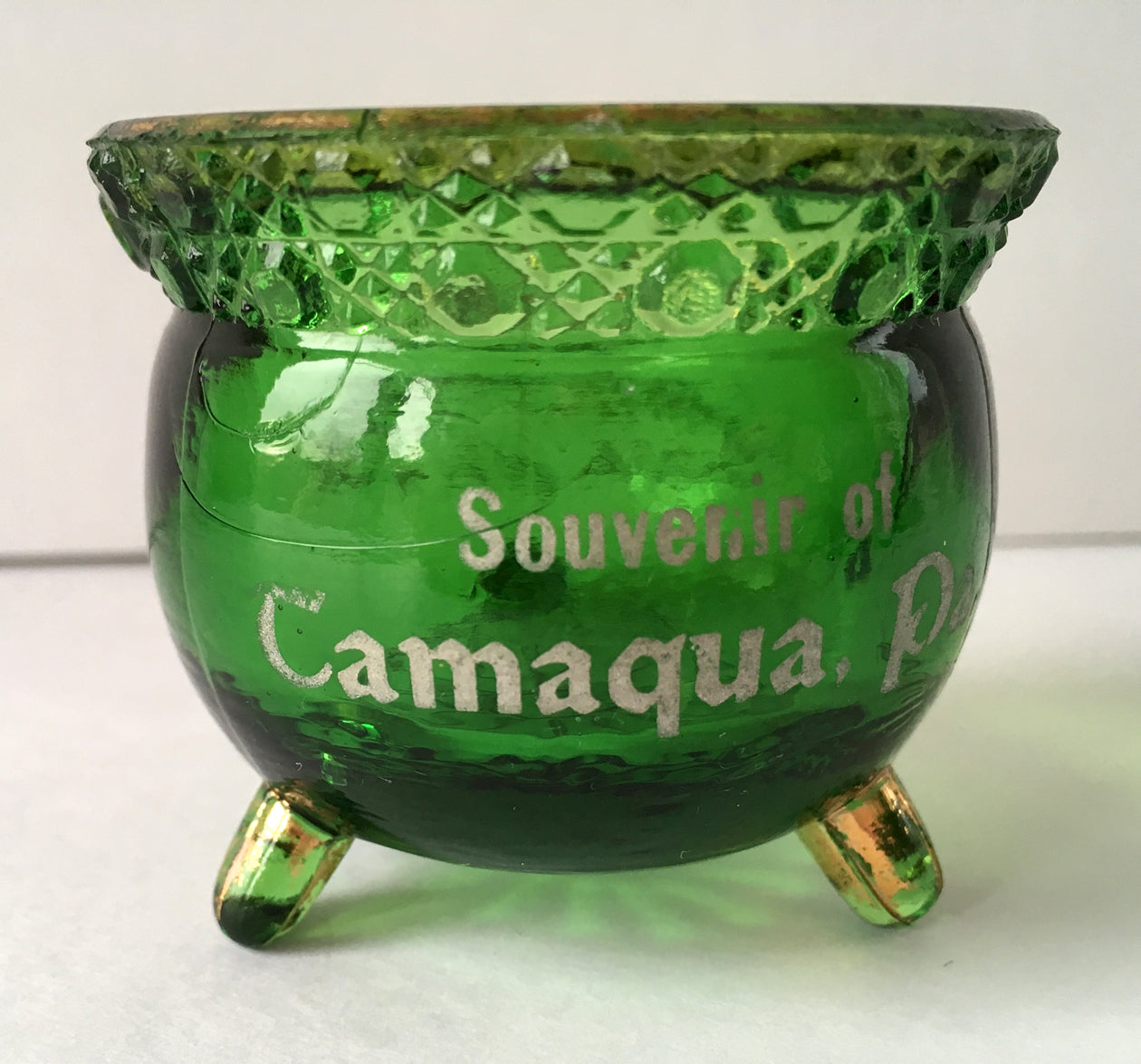 EAPG Witch's Kettle Green Glass Souvenir Toothpick Holder full image