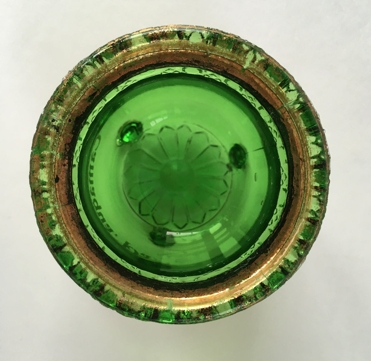 EAPG Witch's Kettle Green Glass Souvenir Toothpick Holder inside pot 2