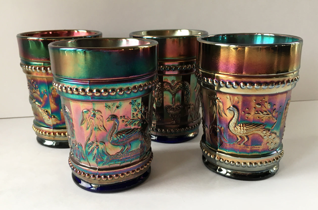 4 Carnival Glass tumblers Peacock at the Fountain pattern full image