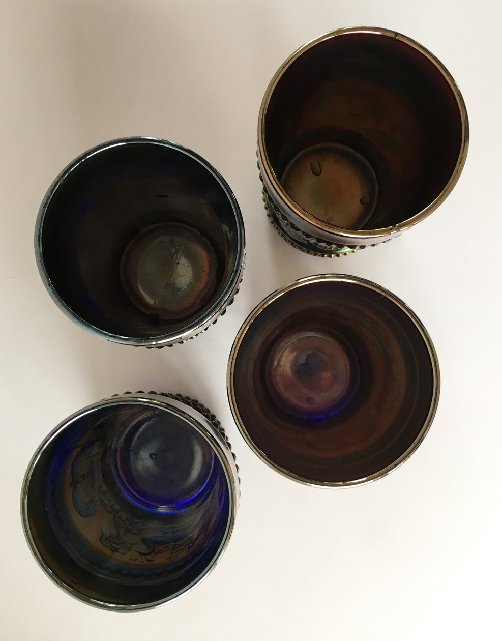 4 Carnival Glass tumblers Peacock at the Fountain pattern inside top image
