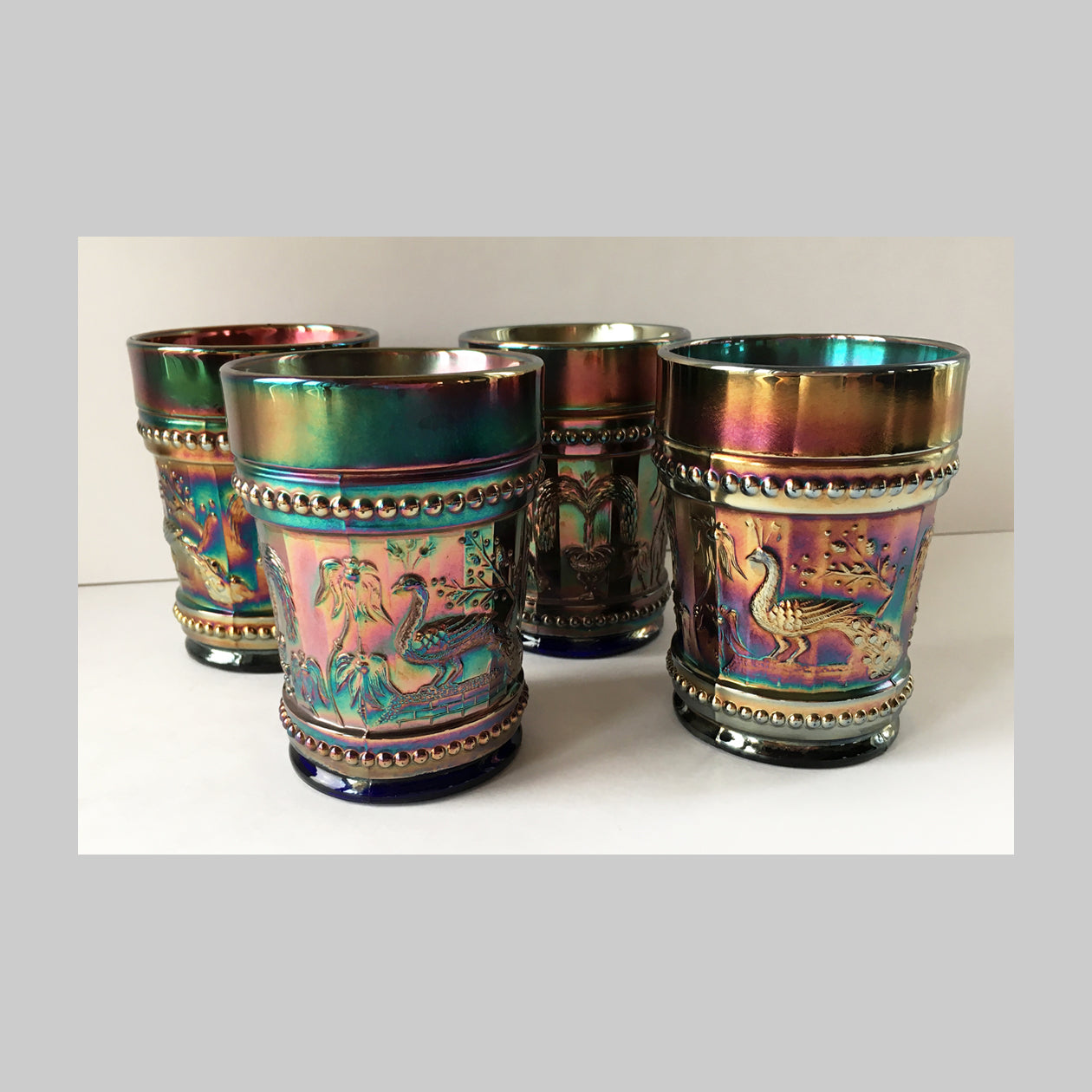 4 Carnival Glass tumblers Peacock at the Fountain pattern main image