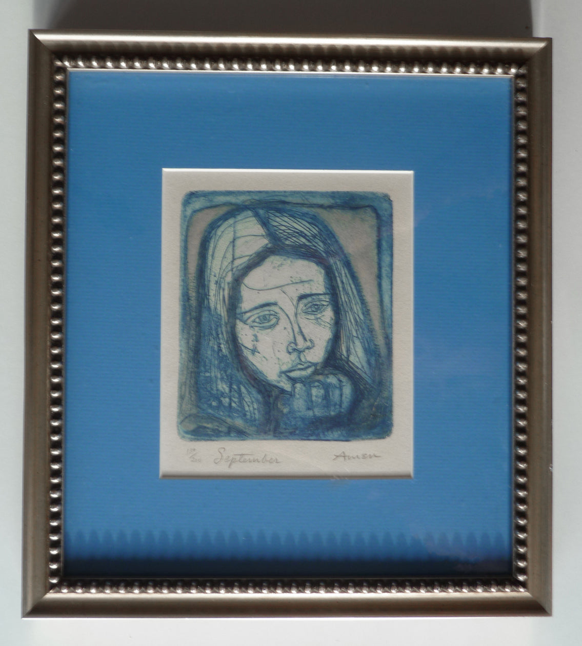Irving Amen framed blue etching titled September - full image