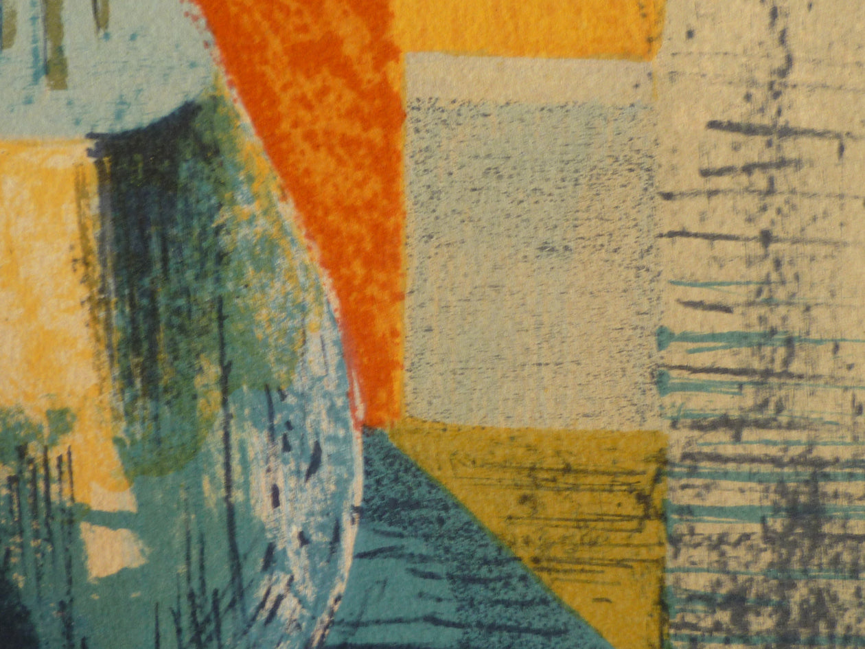 Pierre Bisiaux abstract vase of flowers colour lithograph close up image