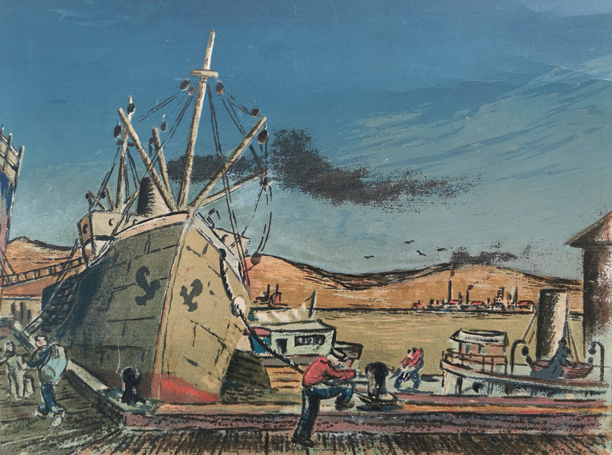 Ernest Hopf Colour Silkscreen Seaside Wharf Scene mat view image