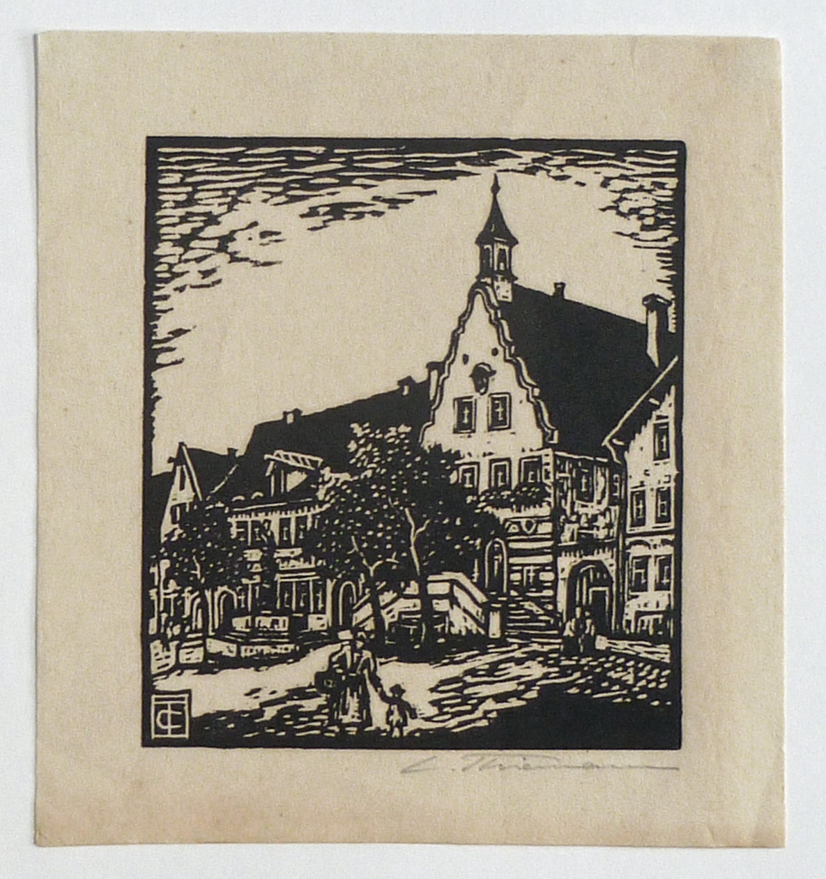 Carl Thiemann Woodblock Town Scene full image
