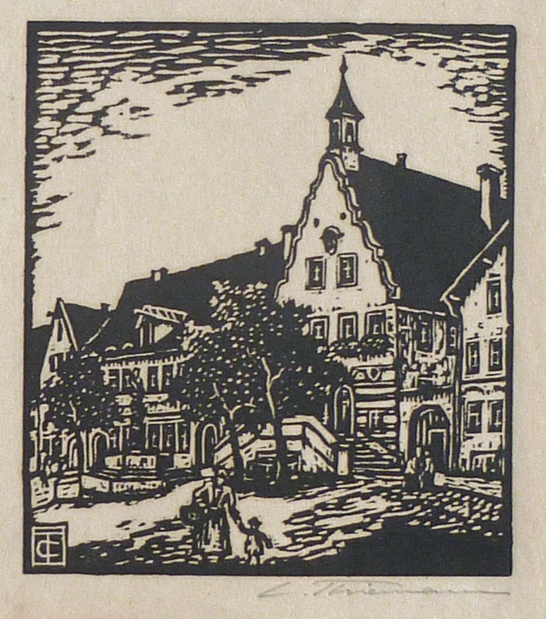Carl Thiemann Woodblock Town Scene mat view image