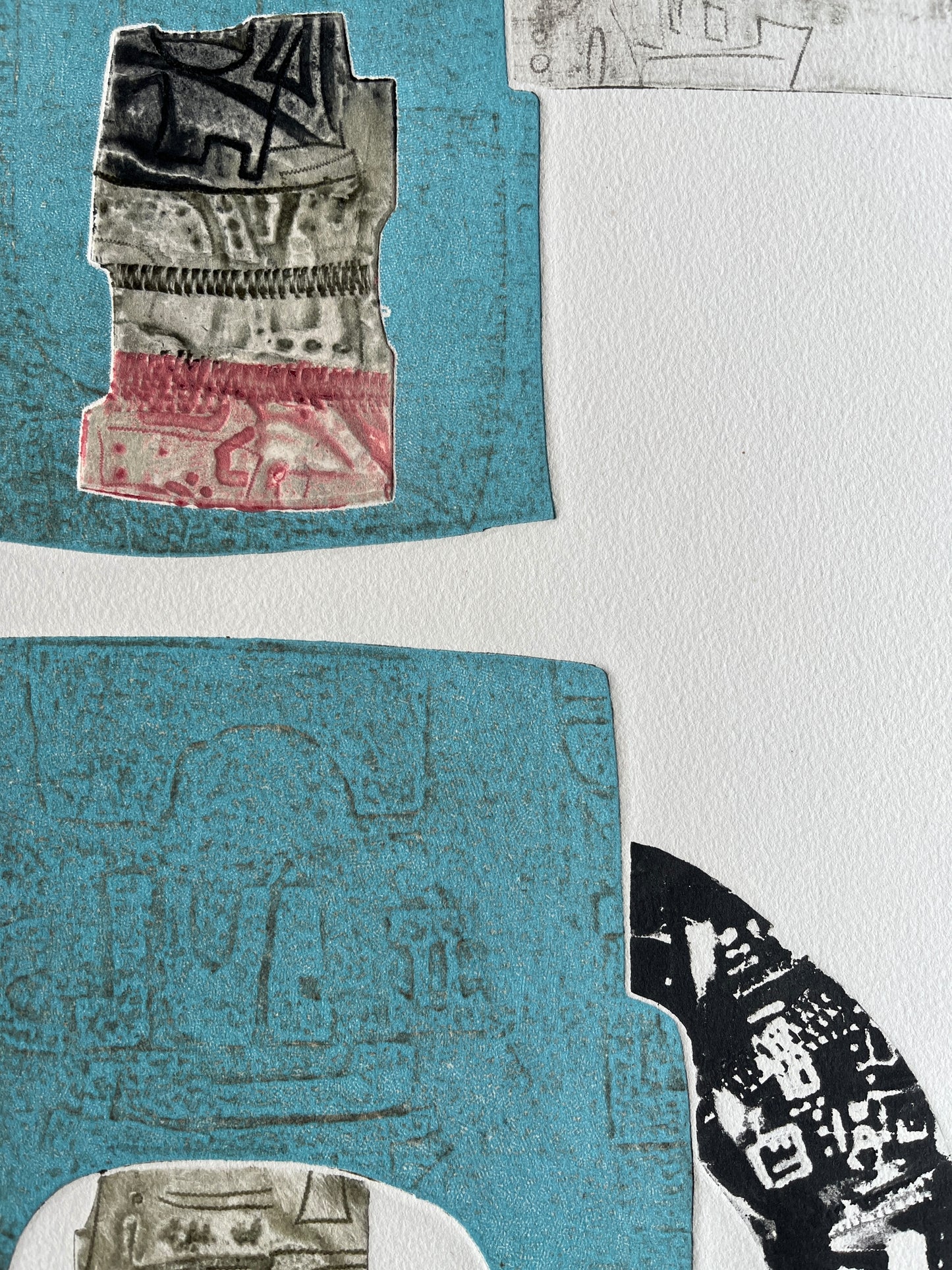 Close-up of textured shapes, in teal, pink, black, in an etching by Korean artist Hwang. 