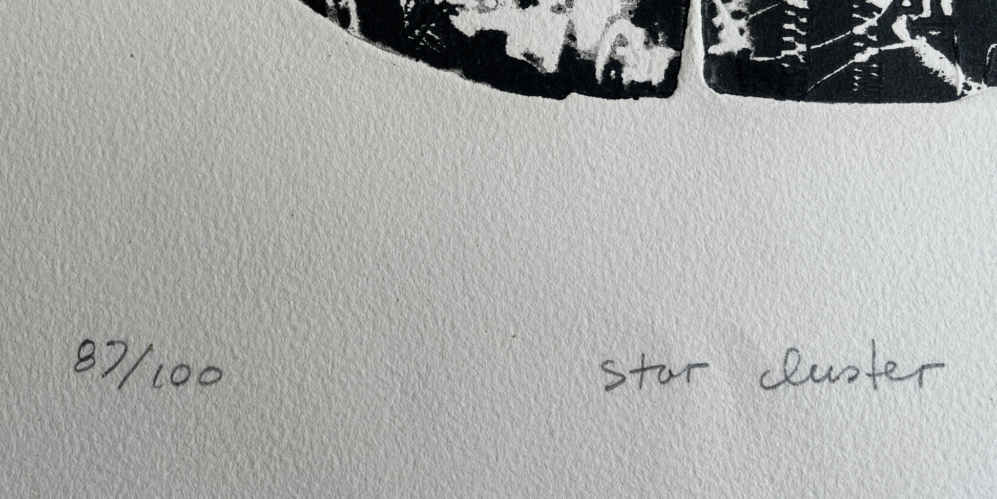 Close-up, edition number, title, in pencil, on Star Cluster etching by printmaker, Hwang.