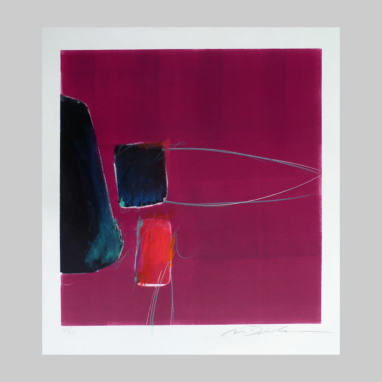 An abstract lithograph on paper by Mark Dickson, magenta ink, shapes and lines.