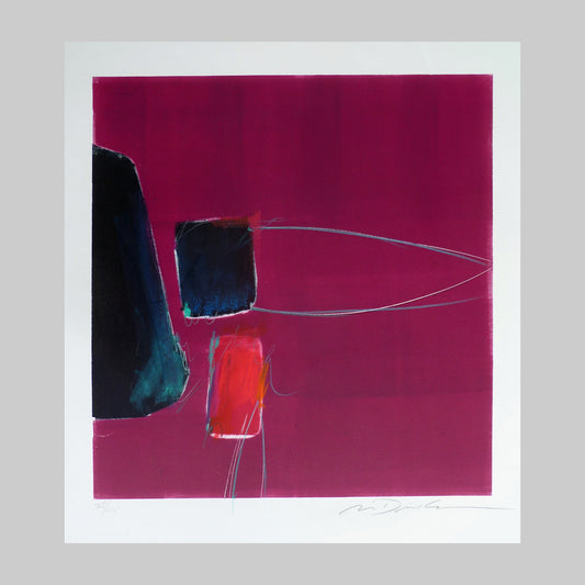 An abstract lithograph on paper by Mark Dickson, magenta ink, shapes and lines.