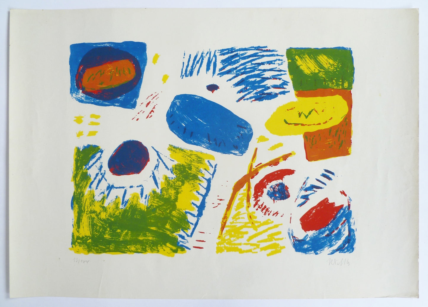 Whole paper showing a lithograph printed by unknown artist, in playful colours.