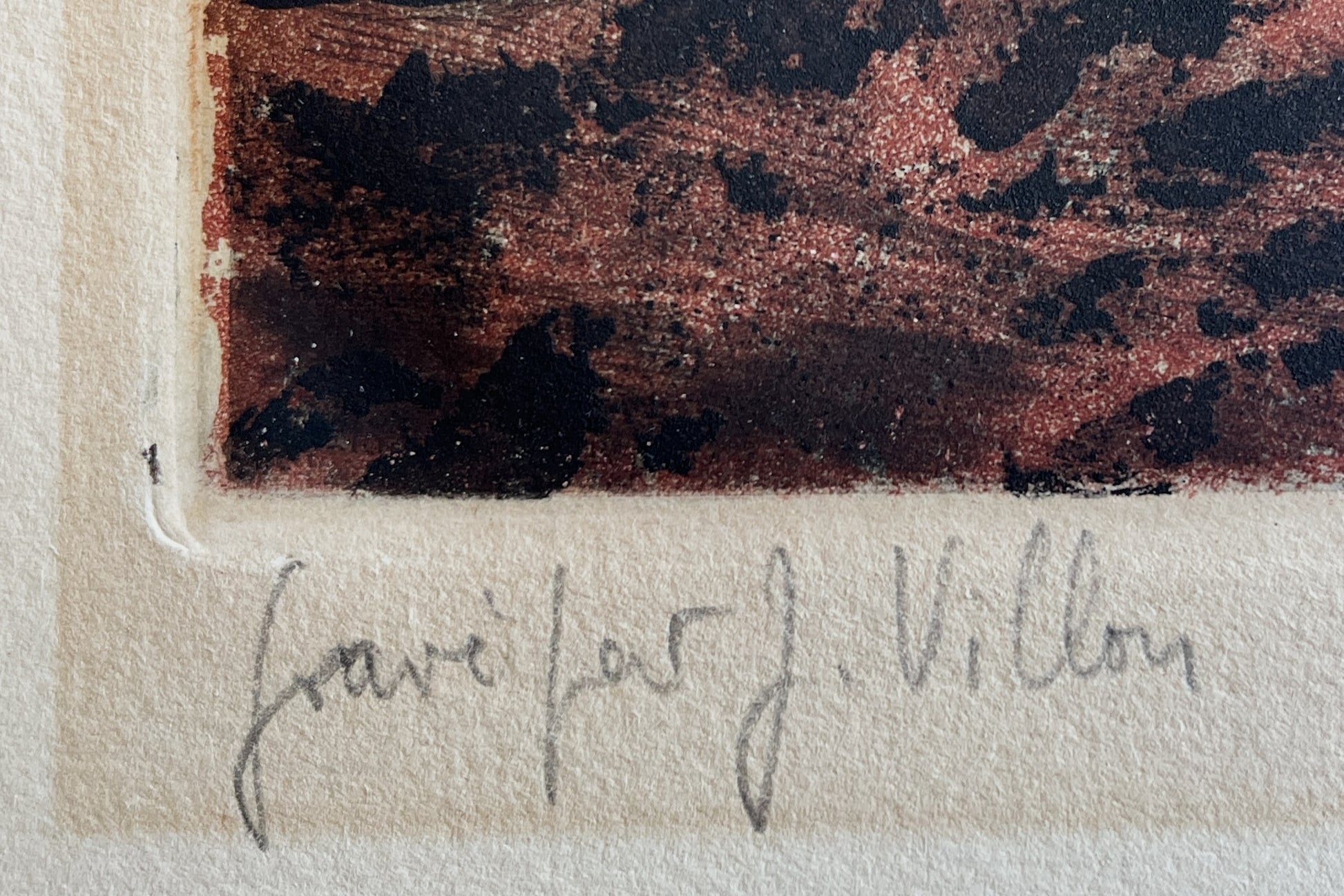 Close-up, of Jacques Villon artist signature, on aquatint Femme au Piano.