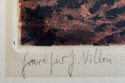 Close-up, of Jacques Villon artist signature, on aquatint Femme au Piano.