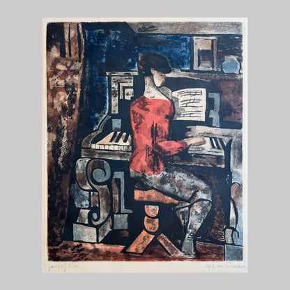 Aquatint etching on paper by Jacques Villon, of a woman playing the piano.