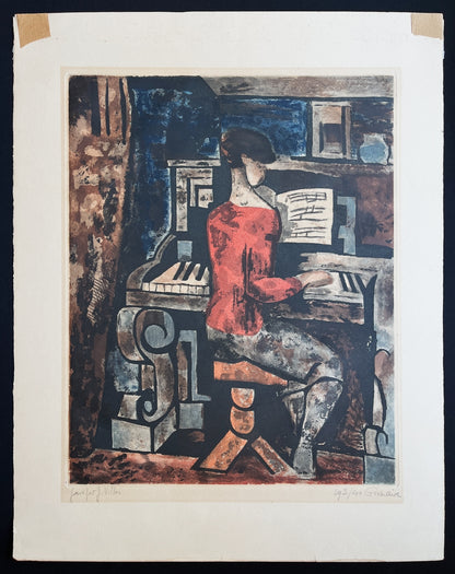 Whole paper showing, of an aquatint etching, woman, piano, printed by Jacques Villon.