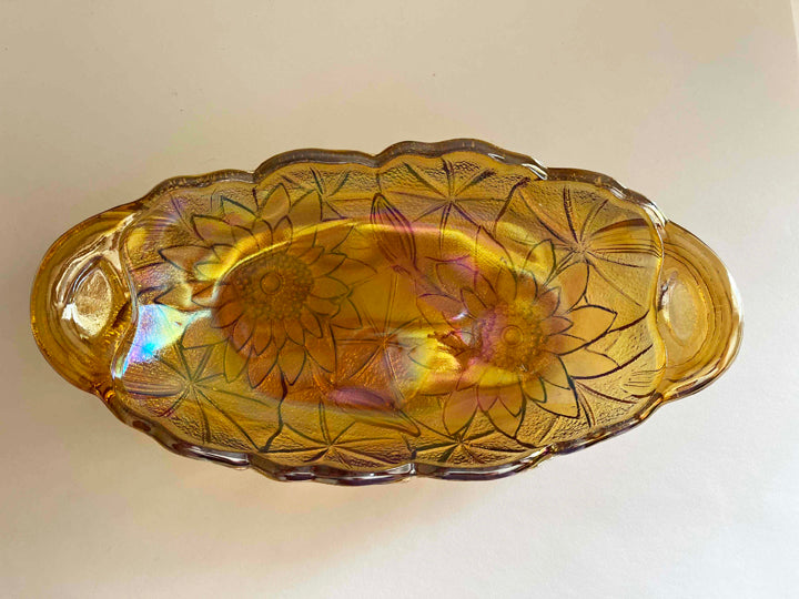 Lily Pons Pattern #605 | Iridescent Gold Carnival Glass Pickle Dish