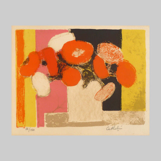 Lithograph on paper by Bernard Cathelin of a bouquet in colour.