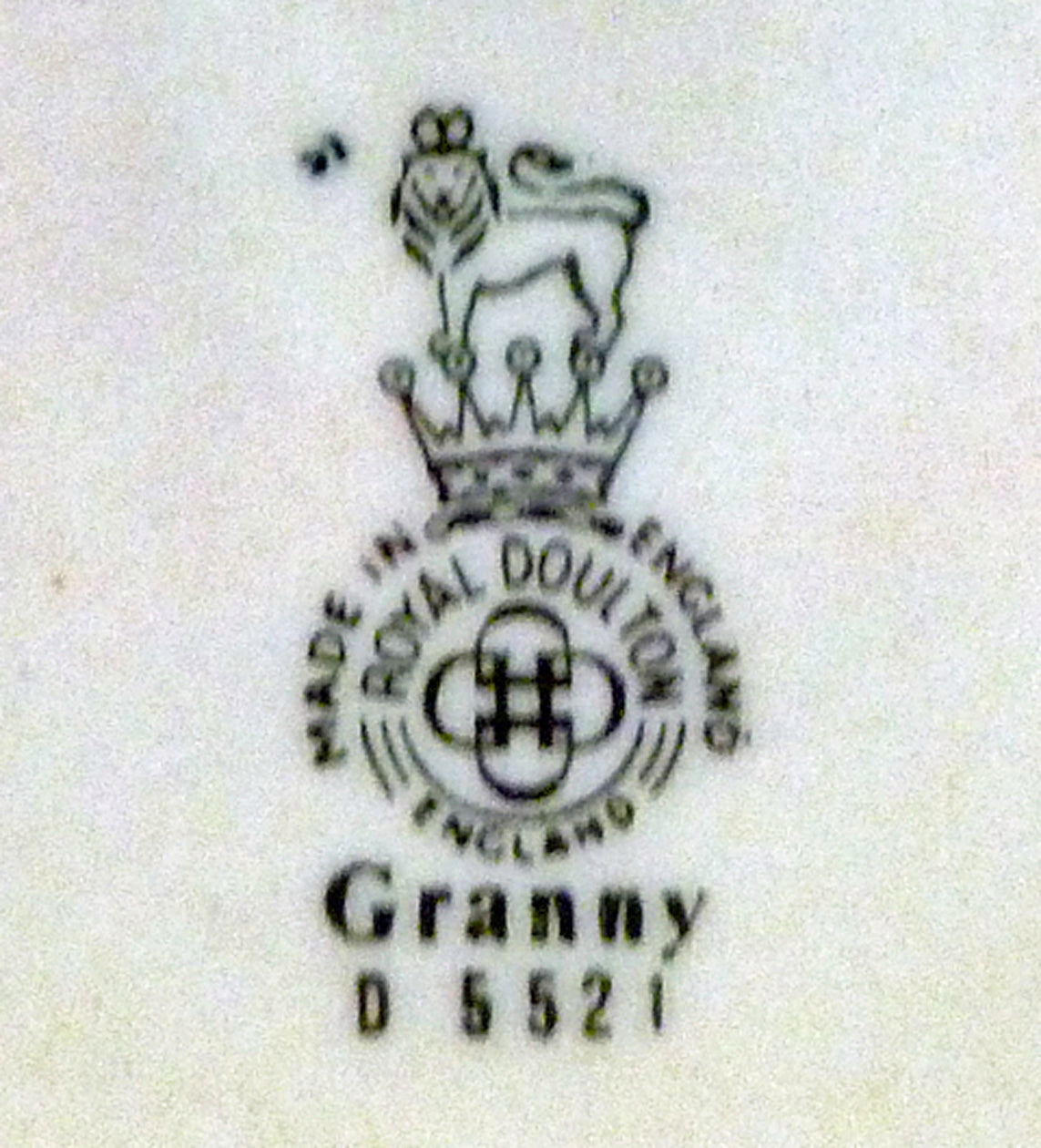 Close-up of Royal Doulton stamped mark on the bottom of a Granny jug.