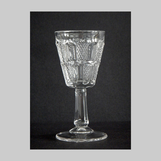 Antique clear pressed glass Hand pattern cordial with checker board design.