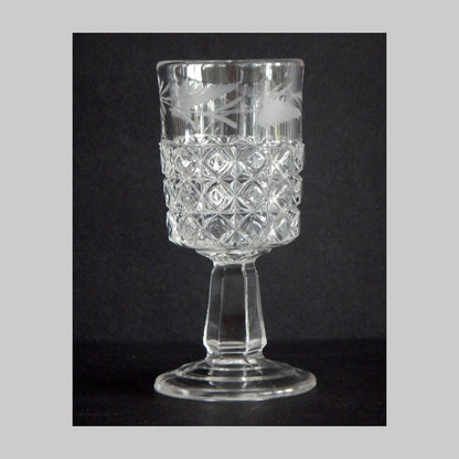 Antique pressed glass cordial with etched fern in Mascotte pattern.